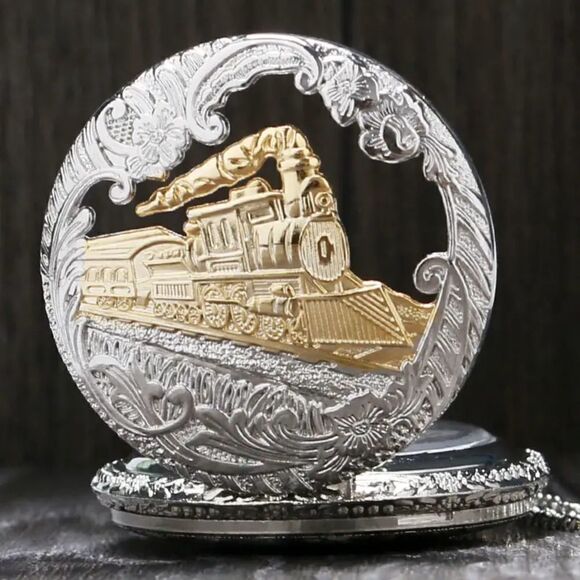 New Silver & Gold Colored Locomotive Design Pocket Watch w/ Chain - Picture 2 of 10